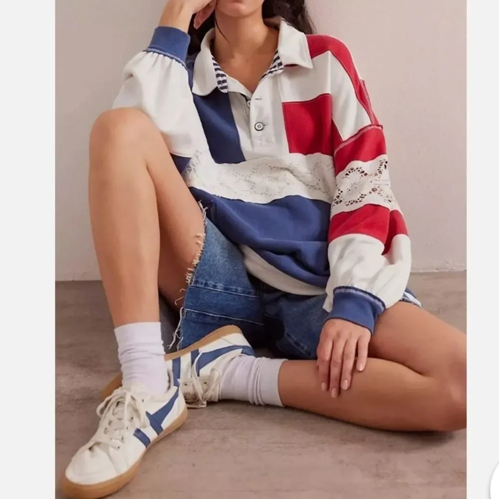 Free People We The Free American Dream Polo Pullover Top Striped
